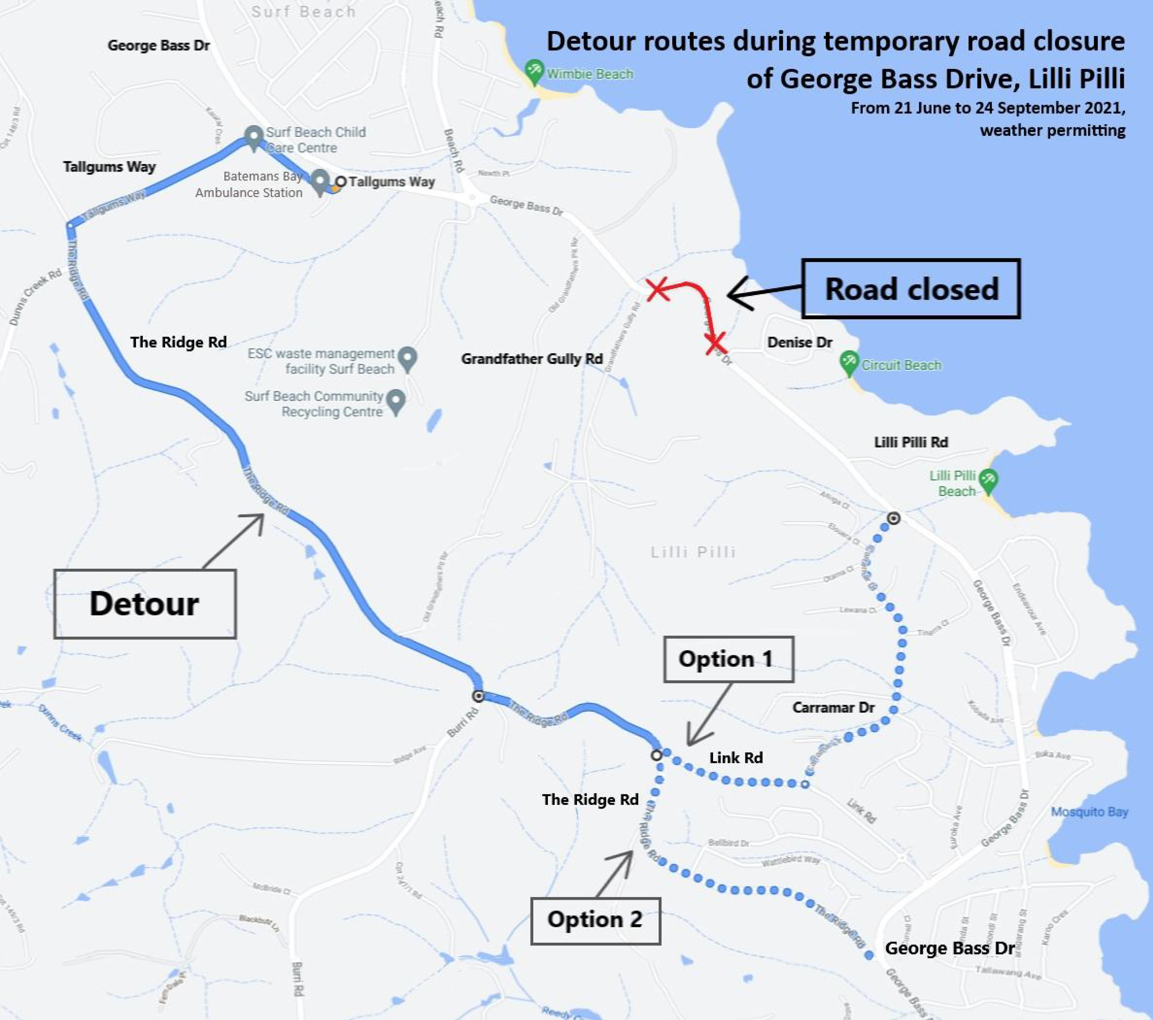 Detour routes during temporary road closure of George Bass Drive, Lilli Pilli